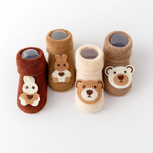 Baby Plush Floor Socks | Anti-Slip Warm Mid Tube Socks | Cute Bear Cotton Kids Footwear (0–2 Years)