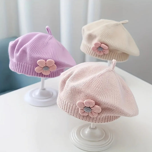 Baby Girl Beret Hat | Knitted Flower Beanie Cap | Korean Style Toddler Princess Painter Hat | Warm Infant Headwear