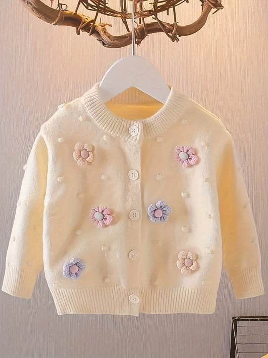 Girls' Embroidered Three-Dimensional Flower Cardigan Sweater, Baby Girl's Autumn Comfortable, Soft and Versatile Knitted Jacket