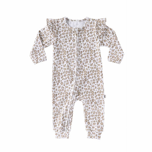 Autumn Arrival Baby Unisex Long Sleeves Cute Leopard Pattern Zip-up Rompers