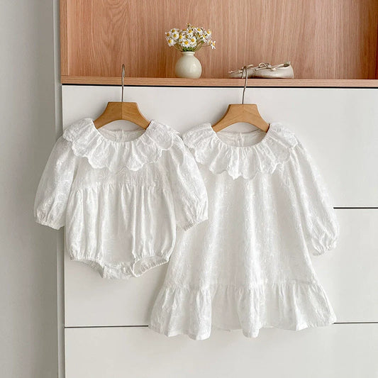 Autumn Baby Girls French Style Solid Color Flowers Embroidered Pattern Long-sleeved bodysuit and Dress – Princess Sister Matching Set