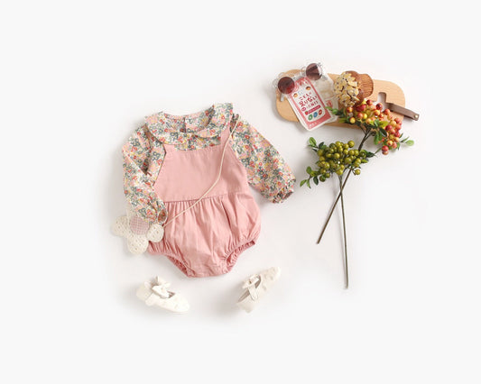 Baby Girl Floral Print Pattern False One Piece Design Long Sleeved bodysuit